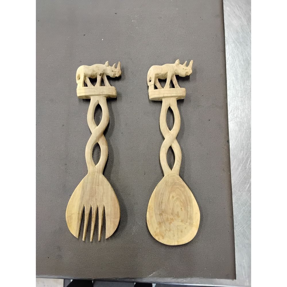 Handcarved Wooden Rhino Salad Servers African Safari‎ Kitchen Utensils Set